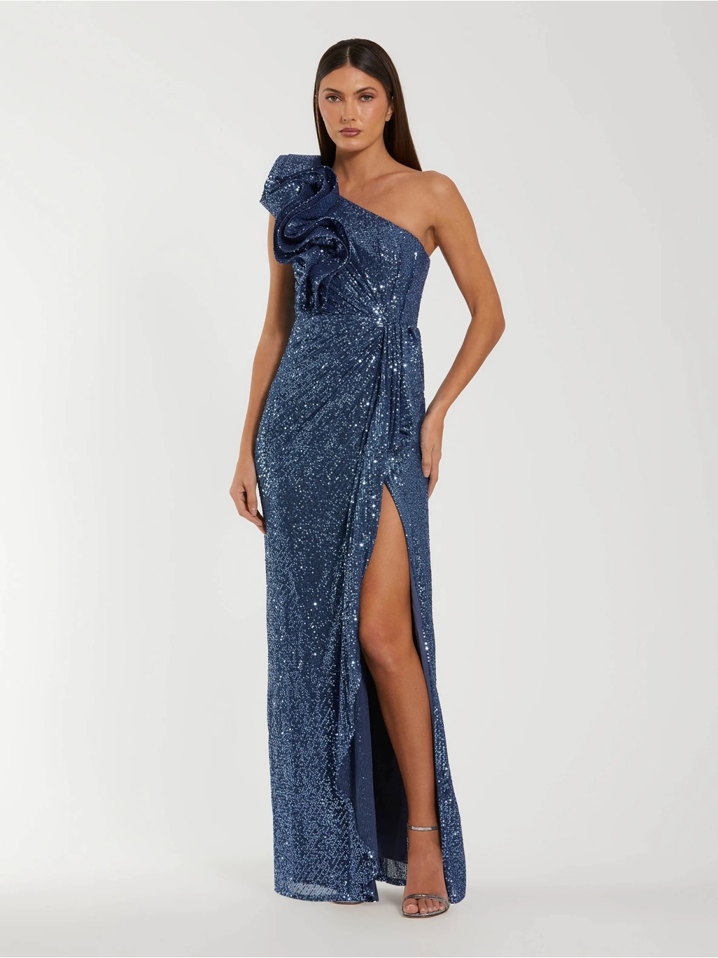 Mac Duggal 50093 Blue One Shoulder Sequin Gown With Ruffle Detail 4